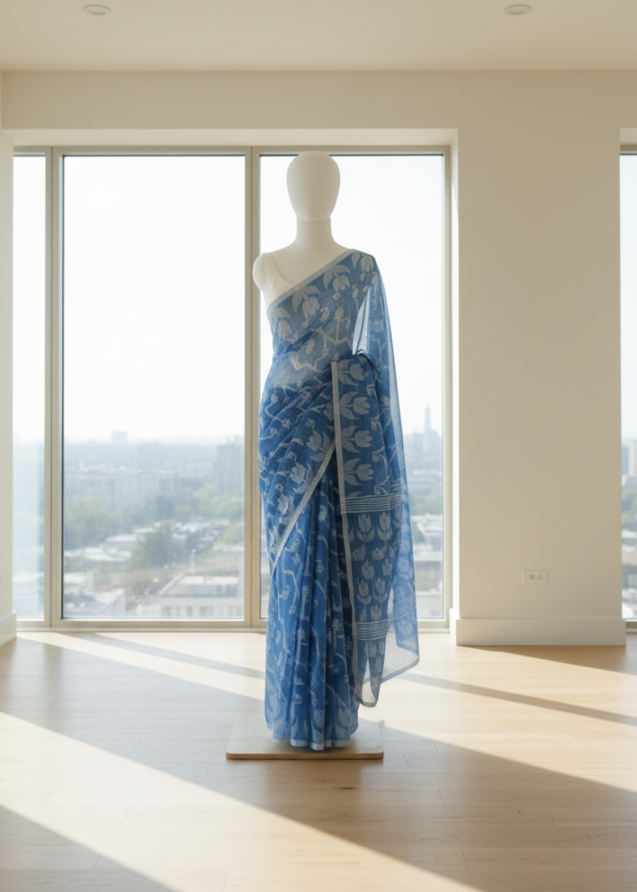 Mannequin wearing a blue jamdani cotton saree with white patterns in a room with large windows.