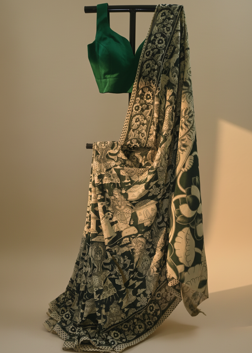 A black and beige patterned saree draped elegantly on a stand, paired with a dark green sleeveless blouse, displayed against a warm beige background.
