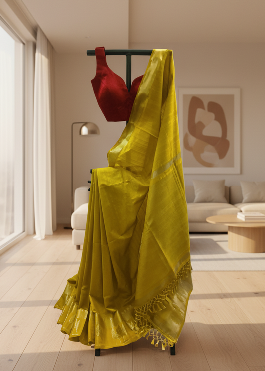 A draped yellow-green saree with a red blouse displayed on a clothing rack in a bright, modern living room.
