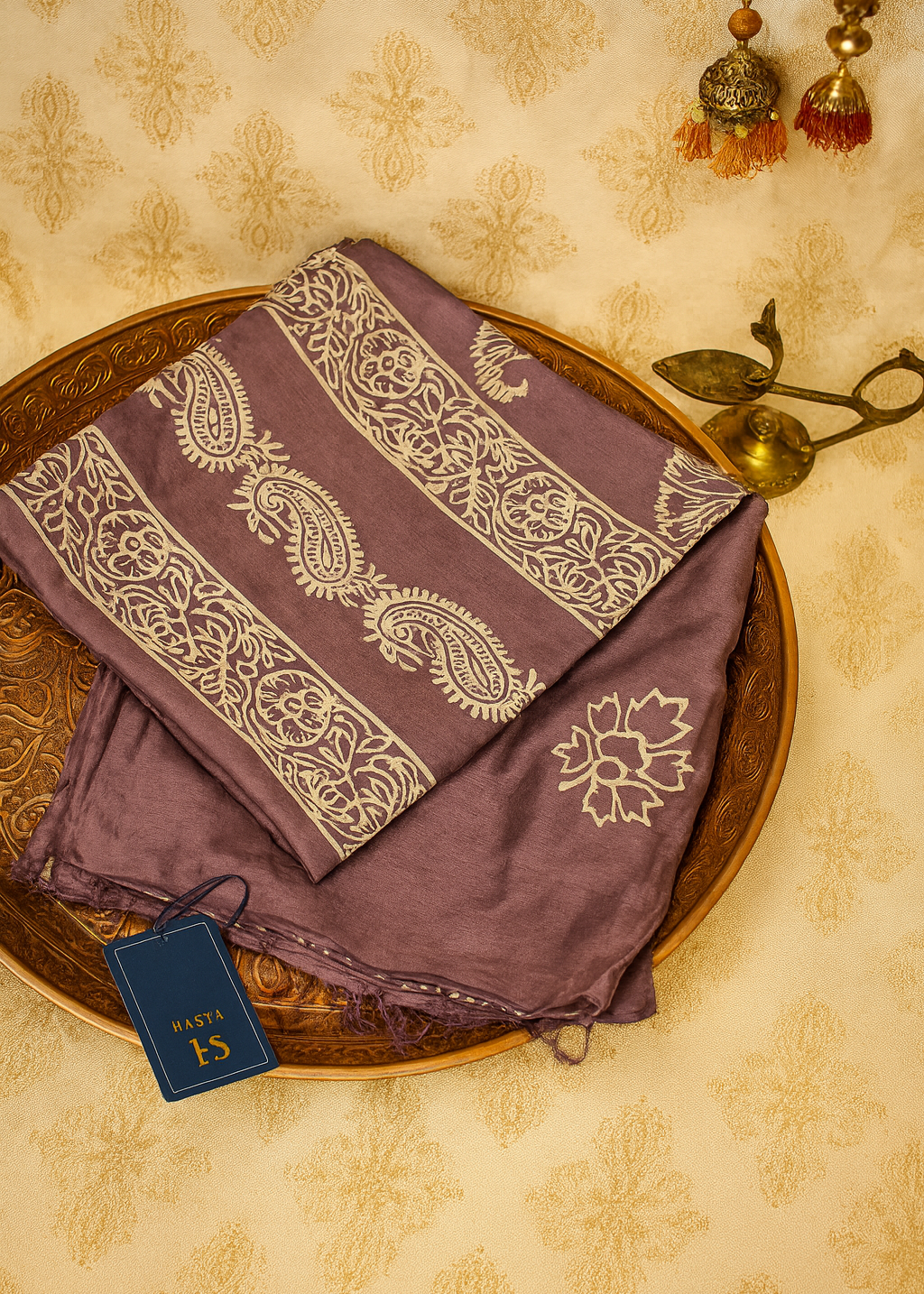 Lilac Kalpataru Bishnupuri Block Print Saree