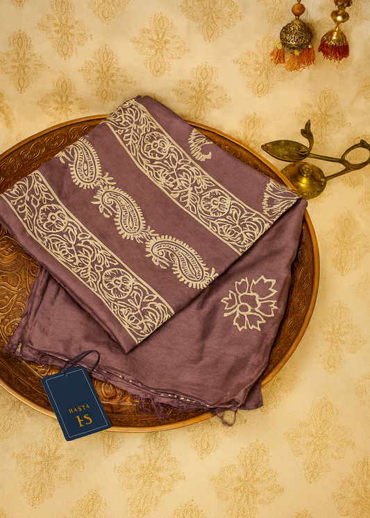 Lilac Kalpataru Bishnupuri Block Print Saree