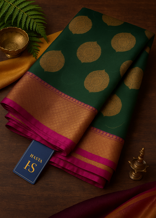 Green saree with gold patterns on a wooden surface, featuring a Hasya label.