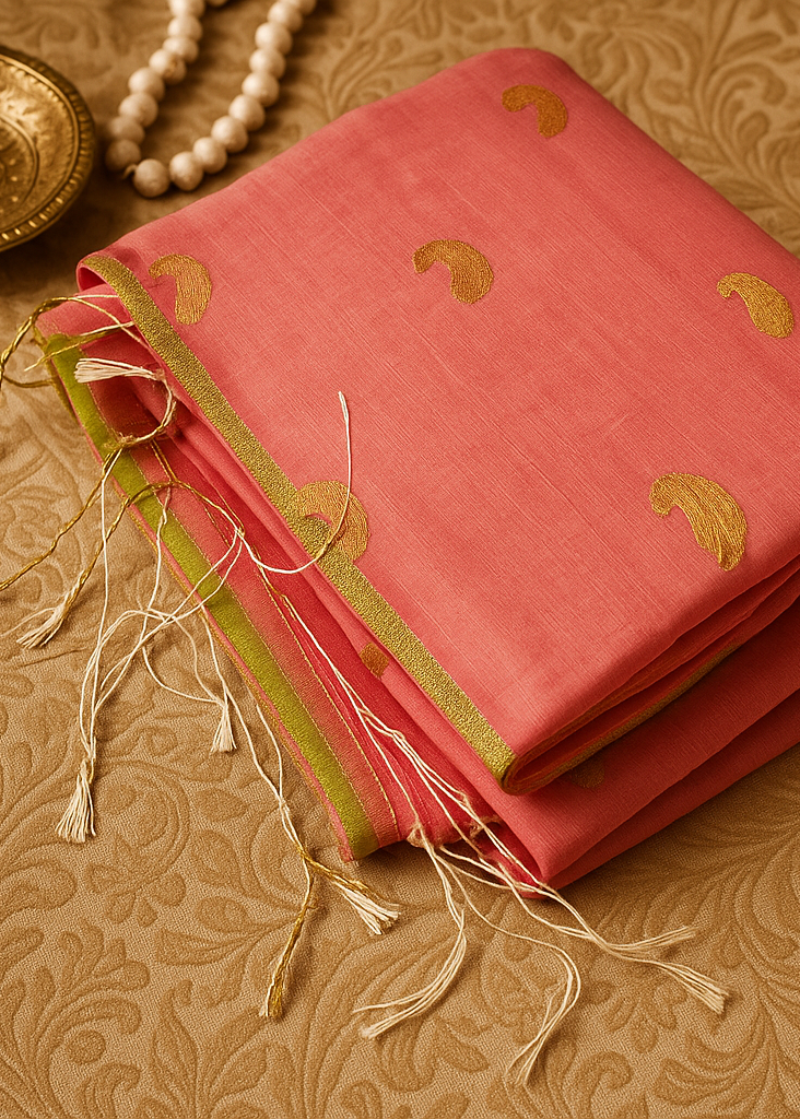 Rose Dust Gold Ghicha Muslin Saree