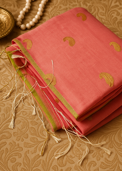 Rose Dust Gold Ghicha Muslin Saree
