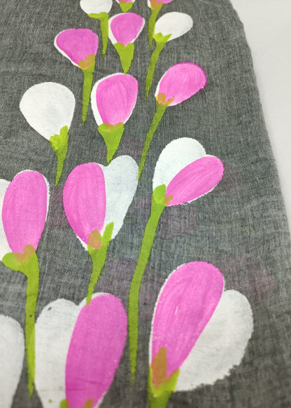 Gray saree with pink and white floral pattern
