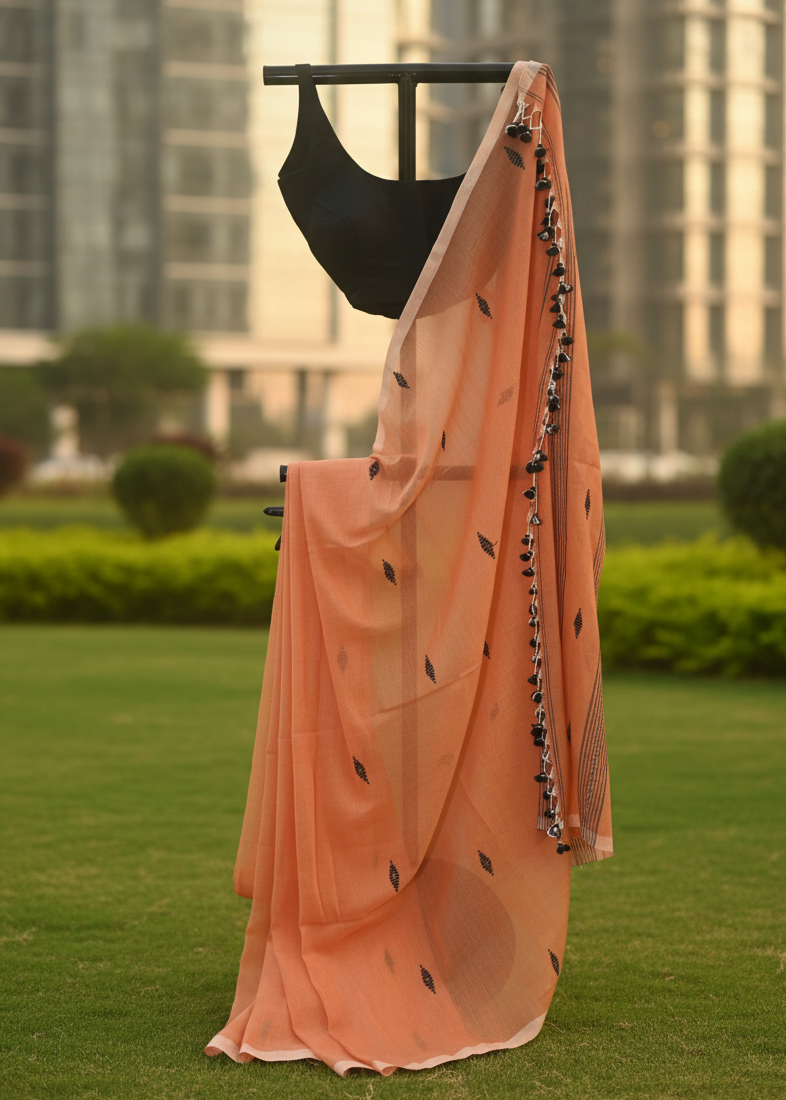 A peach-colored cotton saree with black printed motifs and a black beaded border, draped on a black clothing hanger outdoors on a green lawn with a blurred building background.