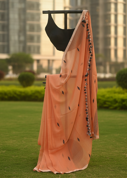 A peach-colored cotton saree with black printed motifs and a black beaded border, draped on a black clothing hanger outdoors on a green lawn with a blurred building background.