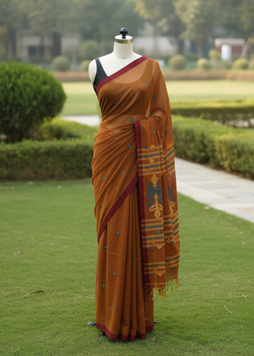 A rust-orange cotton saree with a dark red border and a multicolor patterned pallu, displayed on a mannequin in an outdoor garden setting.