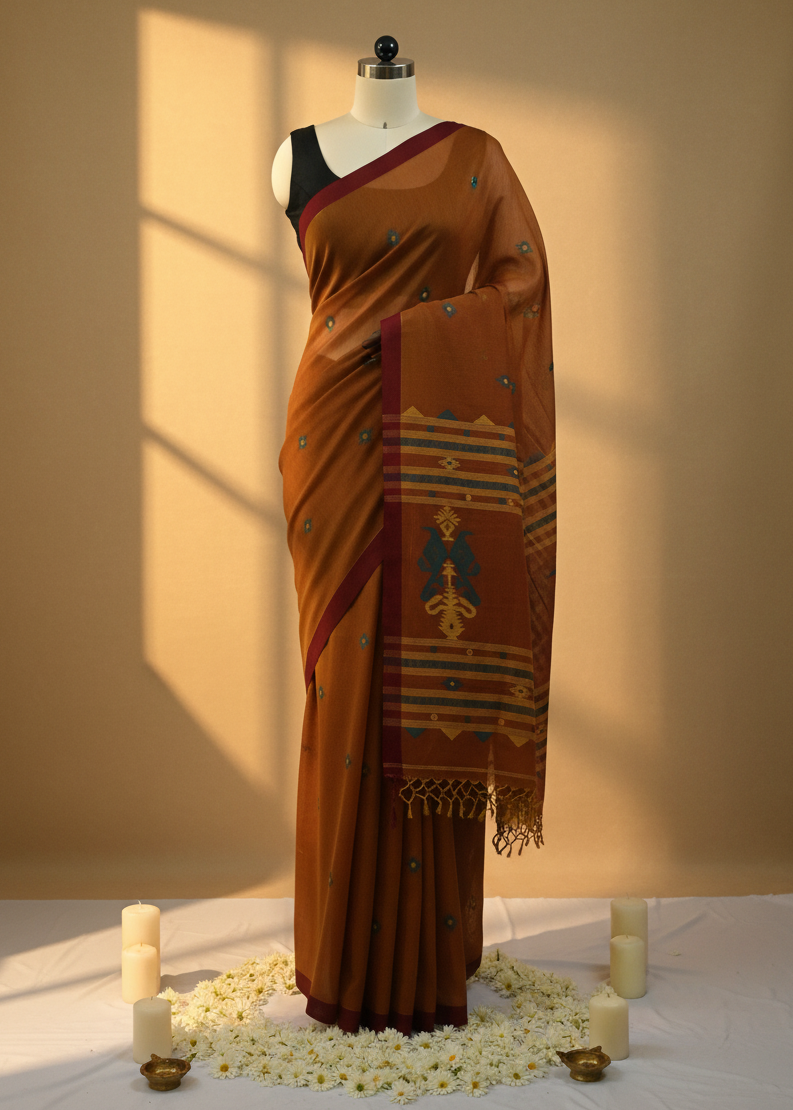 A rust-orange saree with a deep maroon border and gold, blue, and green geometric patterns on the pallu, displayed on a mannequin. The mannequin is set against a warm beige background with artistic window-light shadows, surrounded by white flower petals and decorative candles.