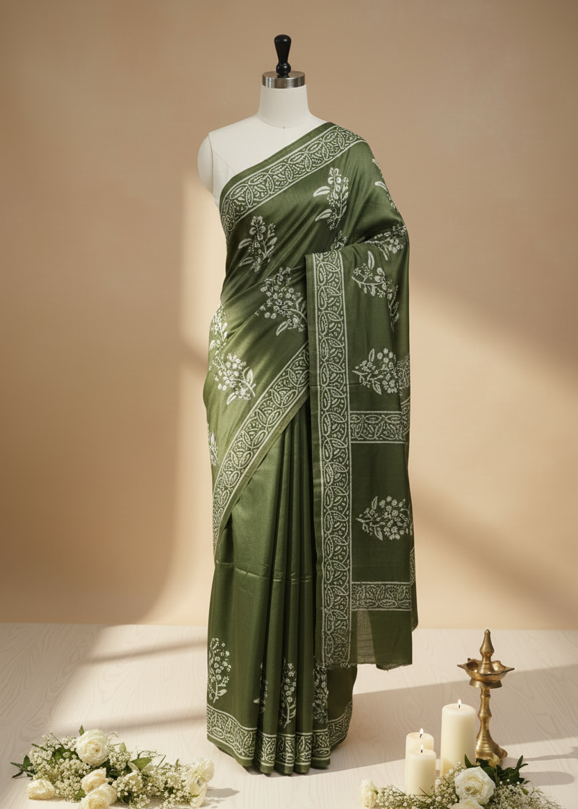 An olive green saree with white floral and geometric patterns, displayed on a mannequin against a warm beige background with decorative candles and flowers.