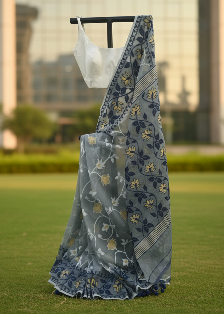 A blue saree with yellow and white floral embroidery and a matching white blouse, displayed on a black hanger outdoors on a green lawn with a blurred building background.