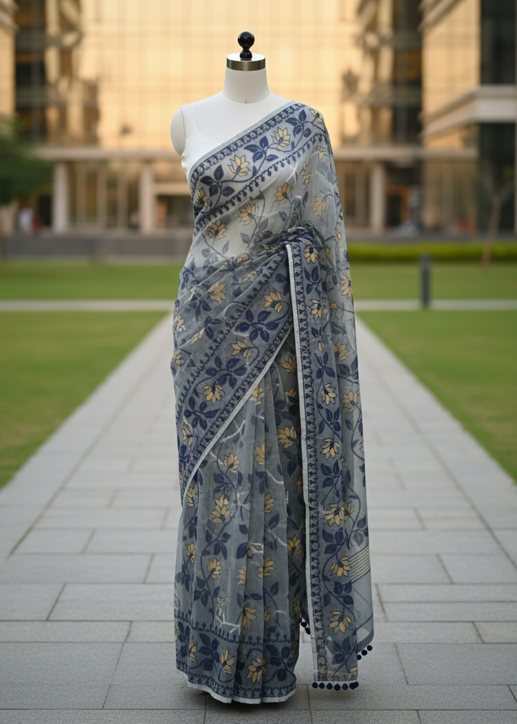A blue and white patterned saree with gold floral accents is displayed on a white mannequin in an outdoor setting with a paved walkway and modern glass buildings in the background.