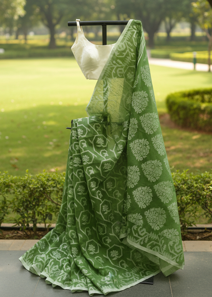 A green saree with white floral block prints is draped on a black hanger outdoors on a stone walkway, with a blurred park background featuring green grass, trees, and hedges.