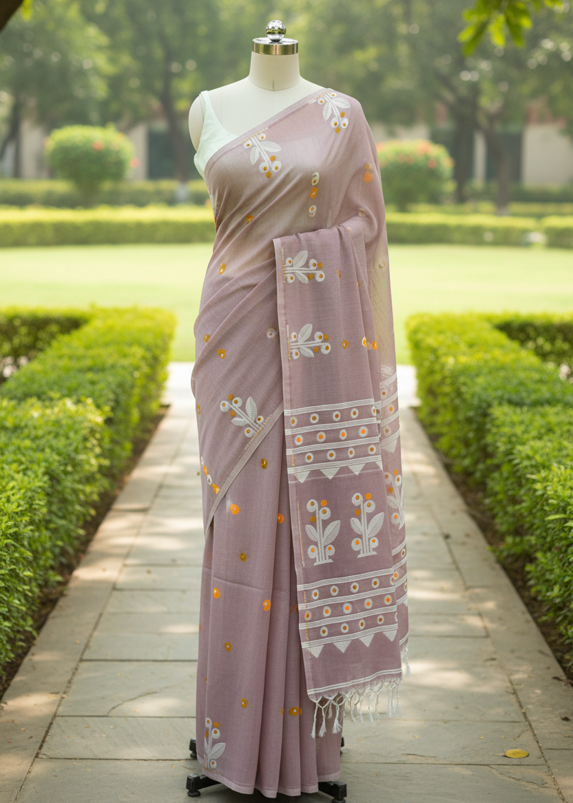 A mauve pink saree with white floral and geometric patterns and small orange-yellow embroidered dots, draped on a white mannequin outdoors on a stone path with green hedges and trees in the background.