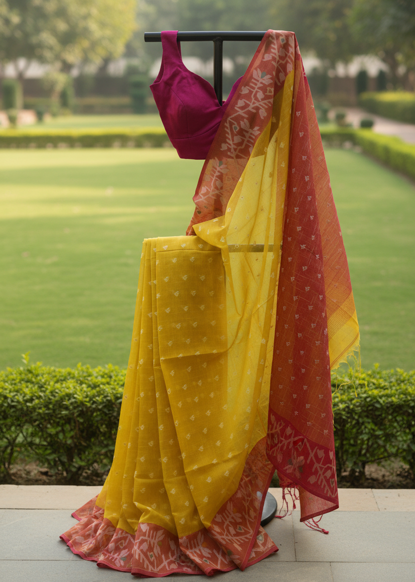 A yellow saree with white polka dots and a red-orange border, draped on a black clothing stand outdoors with a green garden background. A deep magenta blouse is also draped on the stand.