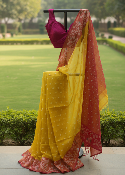 A yellow saree with white polka dots and a red-orange border, draped on a black clothing stand outdoors with a green garden background. A deep magenta blouse is also draped on the stand.