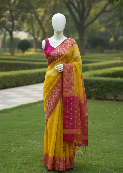 A yellow and magenta saree with a patterned border displayed on a white mannequin outdoors in a green garden setting.