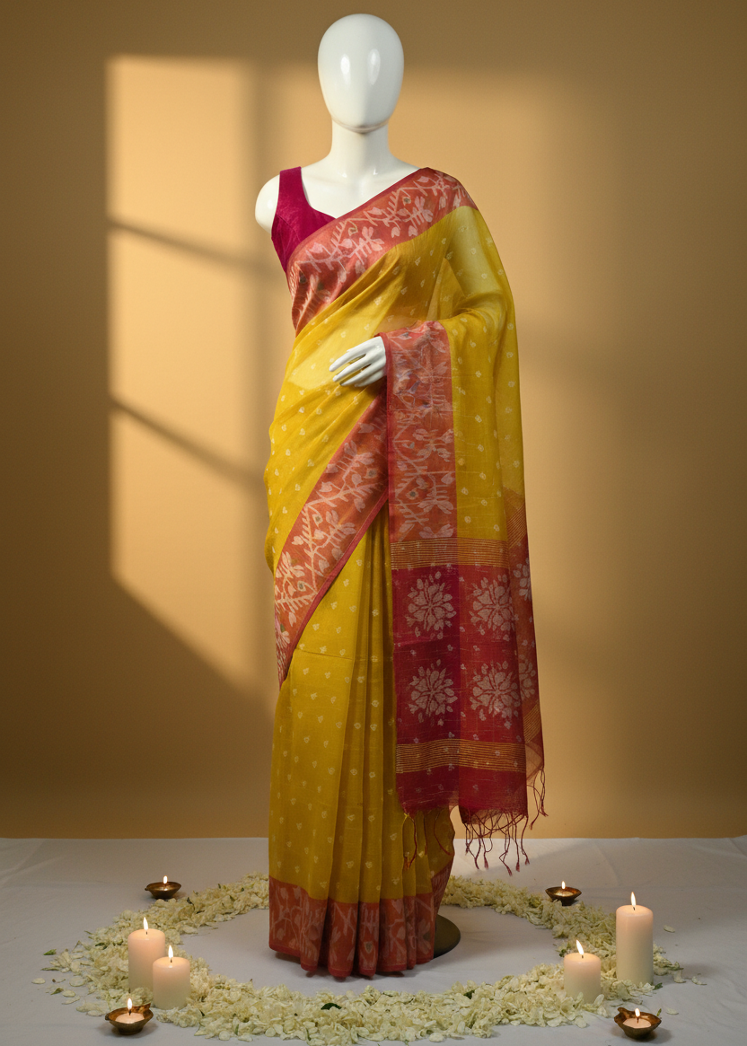 A yellow and red patterned saree draped on a white mannequin, set against a warm beige background with decorative candles and flower petals on the floor.