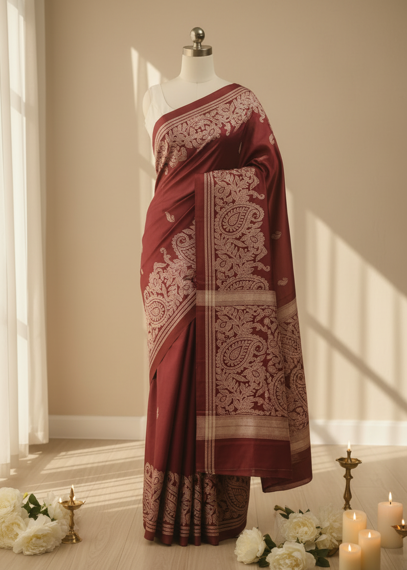 A deep maroon red saree with intricate cream-colored paisley and floral border patterns, displayed on a mannequin in a warm, sunlit room with candles and white flowers.