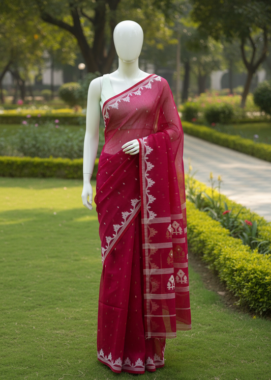 A deep pink/magenta saree with white border patterns displayed on a white female mannequin outdoors on a green lawn with a garden path in the background.