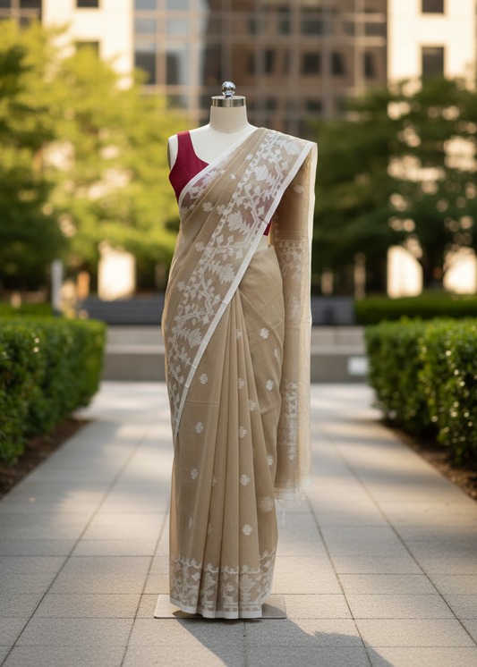 Chhaon Beige Muslin Jamdani saree