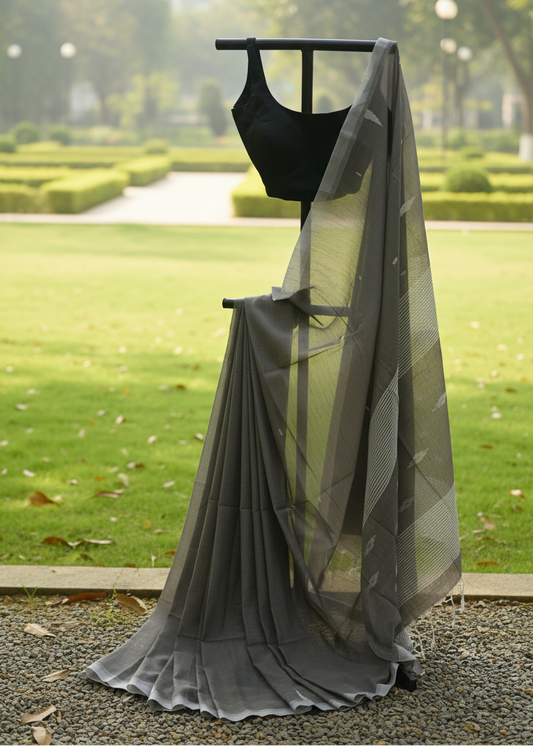 A black sleeveless blouse paired with a sheer dark gray saree draped over a black dress form, set outdoors on a gravel path with a blurred green garden background.