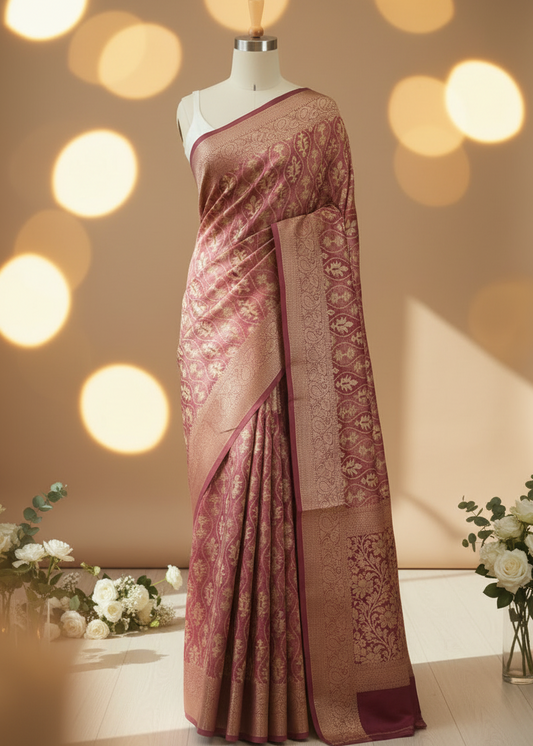 A draped pink and gold Banarasi silk saree displayed on a mannequin, set against a warm beige background with soft bokeh lights and decorative white roses in the foreground.