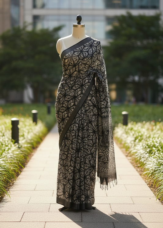 Eclipse Shadow Ajrakh Linen saree