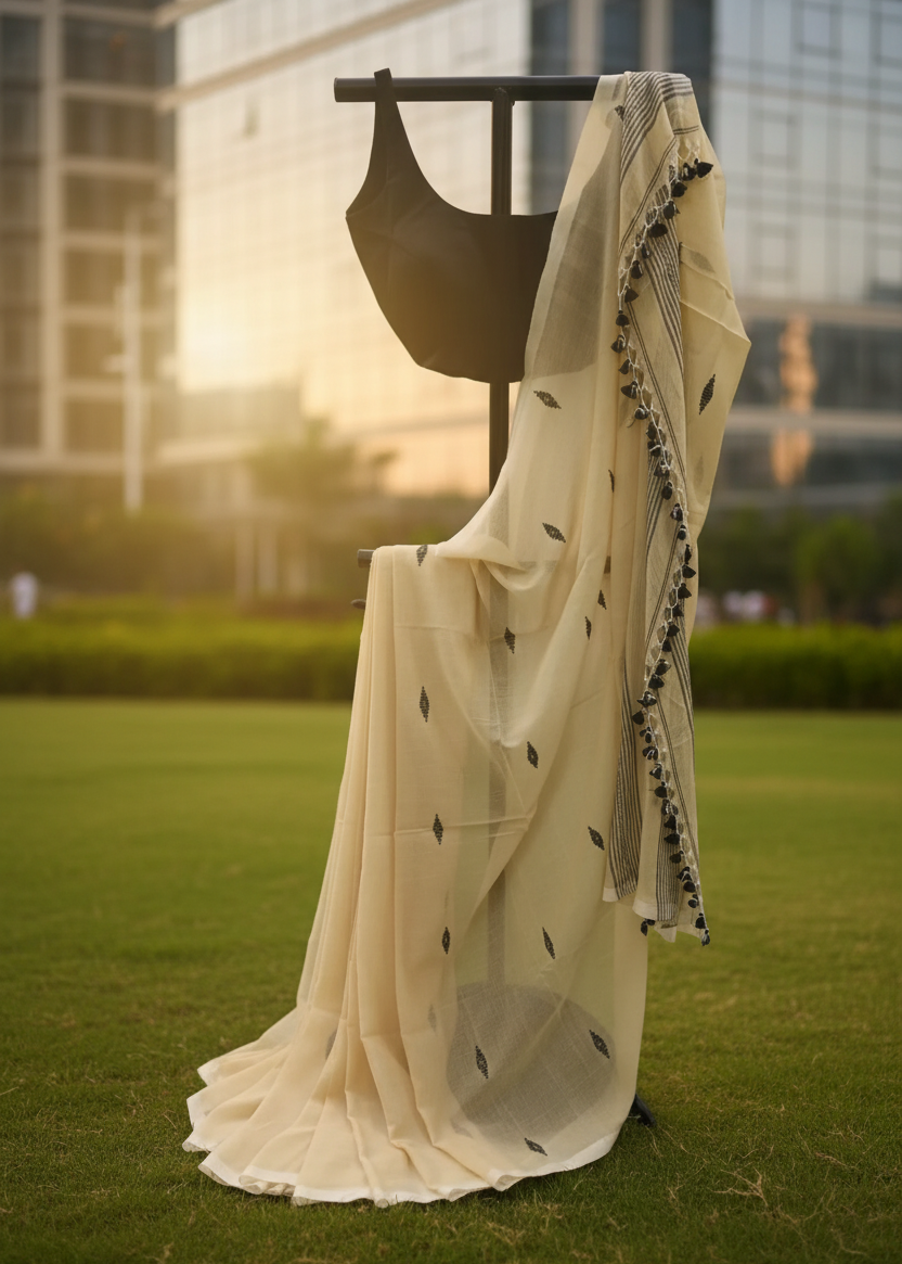 A cream-colored saree with small black leaf motifs and a black-and-white patterned border, draped over a black dress form on a green lawn with a blurred cityscape in the background.