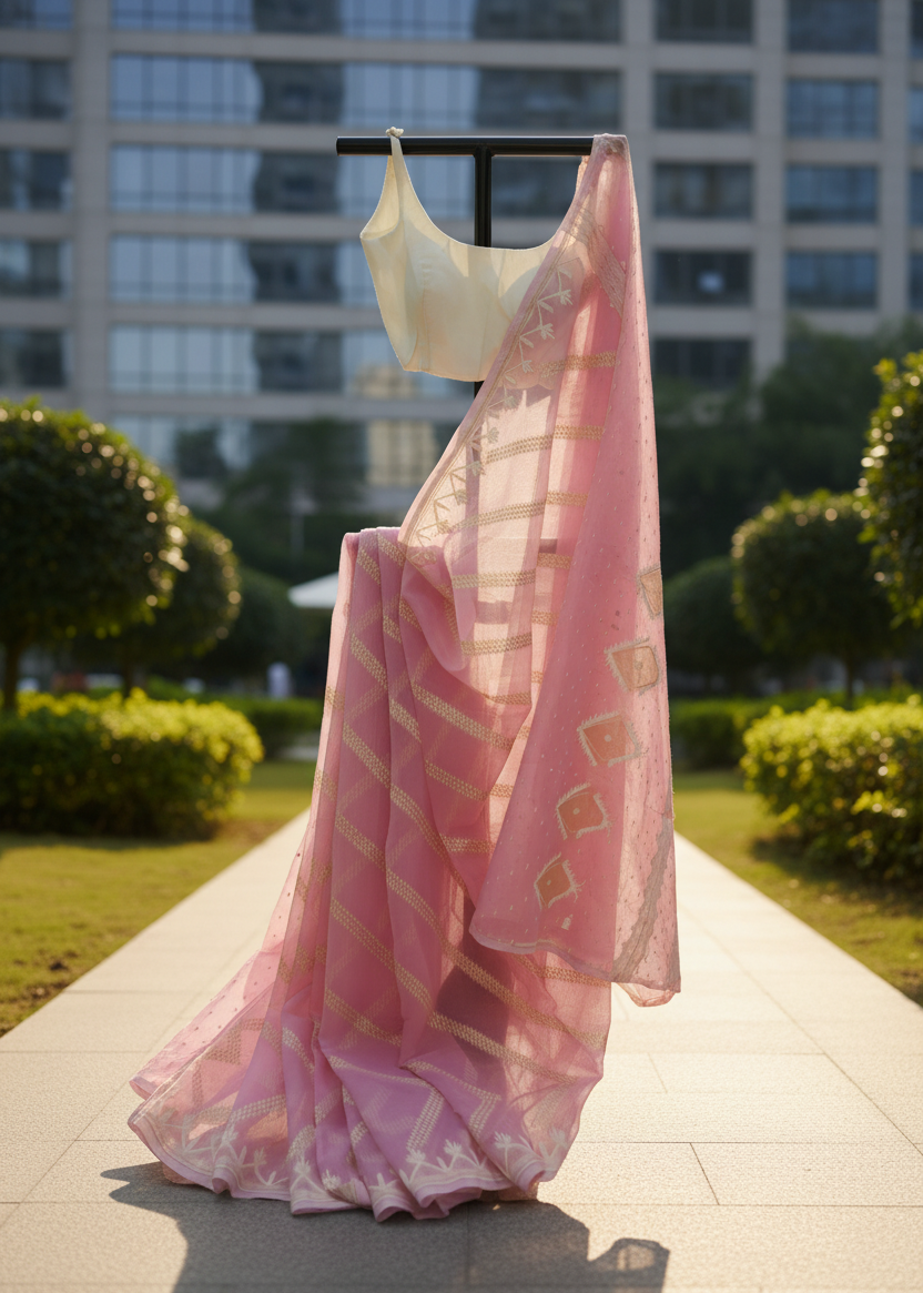 Gul Komol Soft Jamdani — Hanger, Sunlit