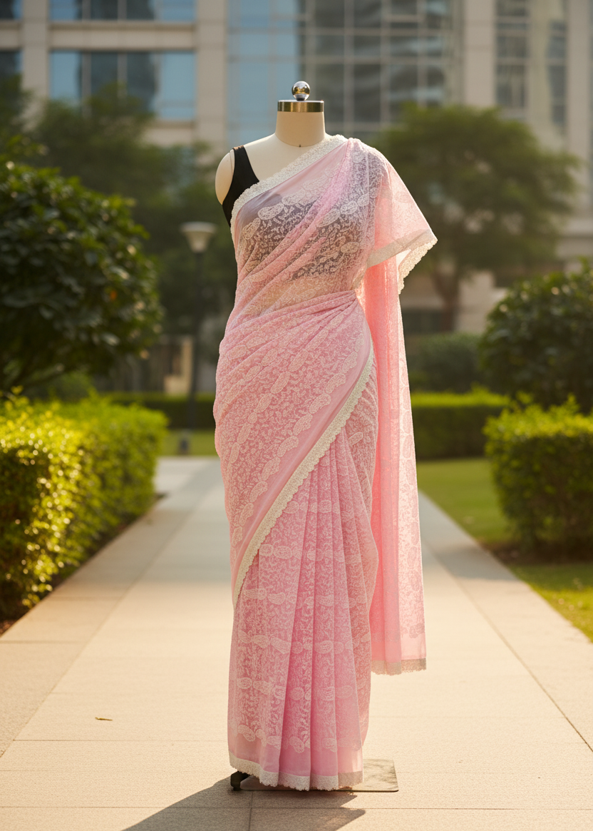 Gulaabi Reva Chikankari work saree