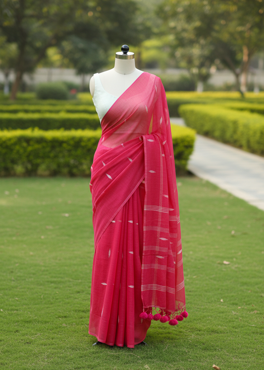 A bright pink saree draped on a white mannequin torso, set against a blurred background of a green garden path and hedges.