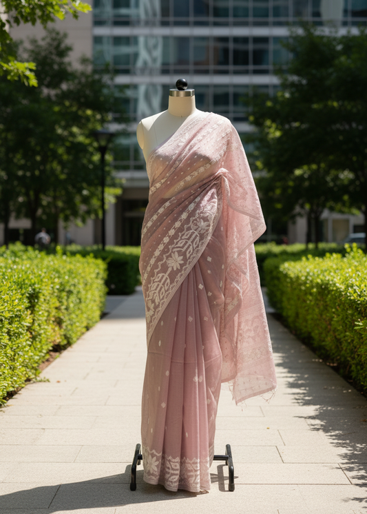 Gulabi Noor Jamdani Linen saree