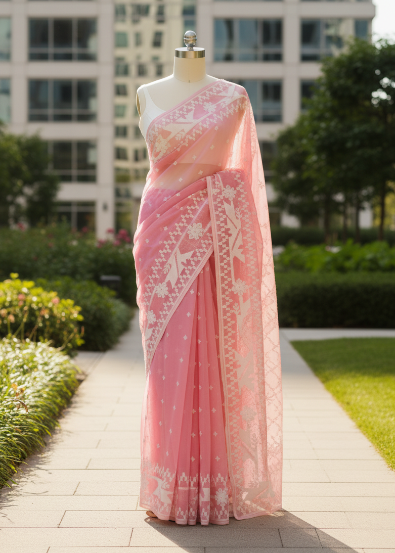 Gulika Pink Jamdani Cotton saree