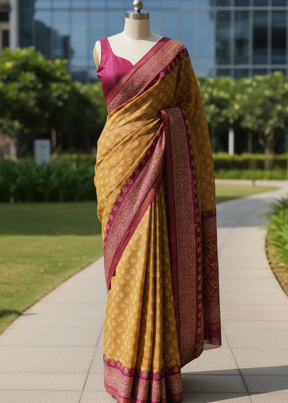 Gulmohar Rust Maheshwari Dhabu Print cotton saree