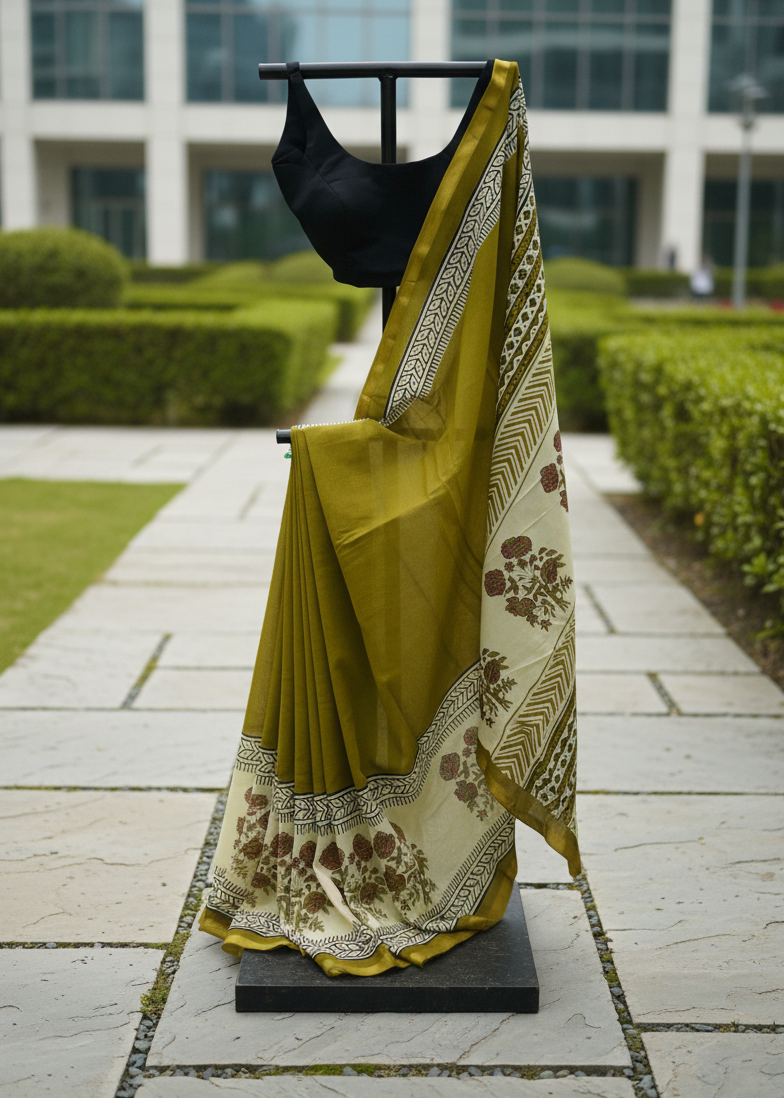 A draped olive green saree with a beige border and brown floral motifs, paired with a black blouse, displayed on a black dress form outdoors on a stone walkway with hedges and a modern building in the background.