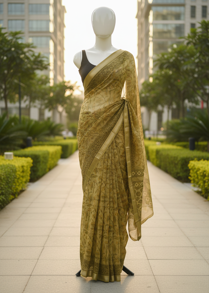 A gold and olive green patterned saree displayed on a white mannequin outdoors on a paved walkway, with green hedges and modern buildings in the background.