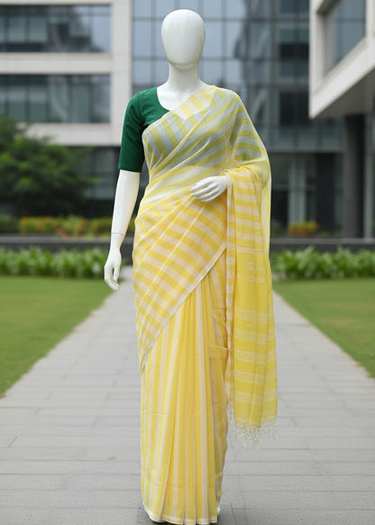 A yellow and white striped saree with a dark green sleeveless blouse displayed on a white mannequin outdoors on a paved walkway with a modern building and greenery in the background.