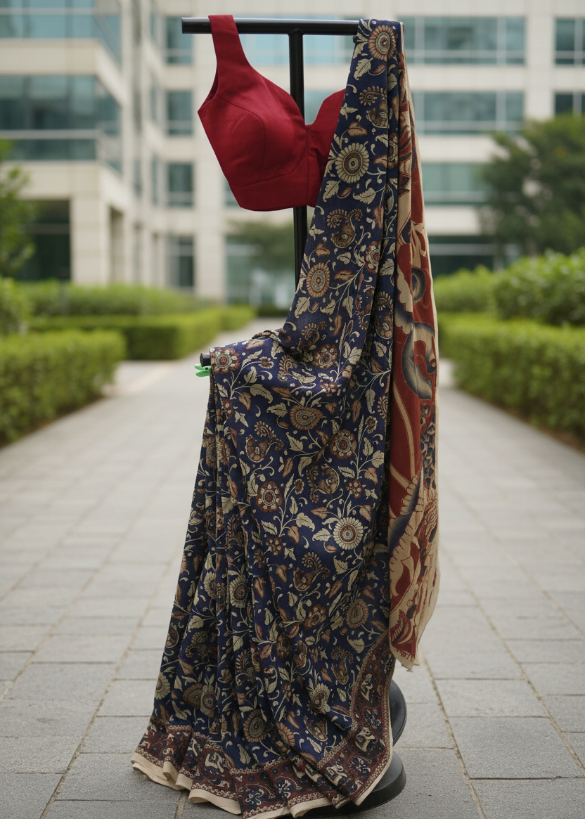 A navy blue saree with intricate beige and gold floral patterns, draped over a black clothing stand outdoors on a paved walkway with green hedges and a modern building in the background. A solid red blouse is draped over the shoulder of the stand.