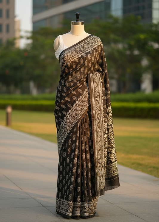 Ink Bloom Bishnupuri Block Print cotton saree
