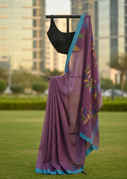 A purple saree with a black blouse displayed on a stand outdoors on a grassy lawn, with blurred modern buildings in the background.