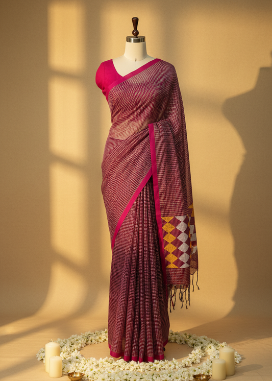 A purple and pink patterned saree displayed on a mannequin, styled with a bright pink blouse. The mannequin is set against a warm beige background with soft window shadow projections, and the base is decorated with white flower petals and small candles.