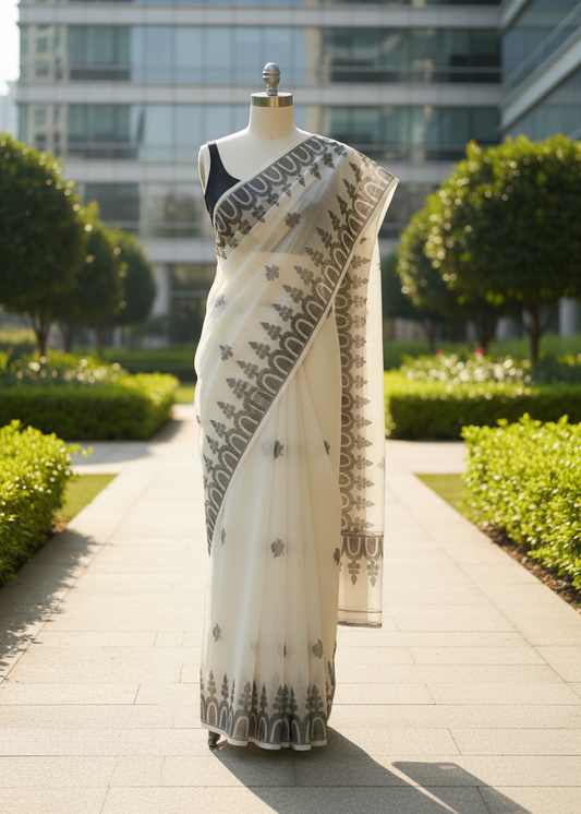 Ivory Smoke Soft Jamdani cotton saree