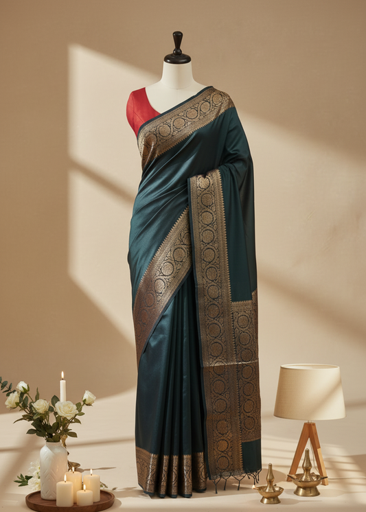A dark teal blue saree with a wide gold zari border and a red blouse, displayed on a mannequin in a warm, sunlit studio setting with candles and a lamp.