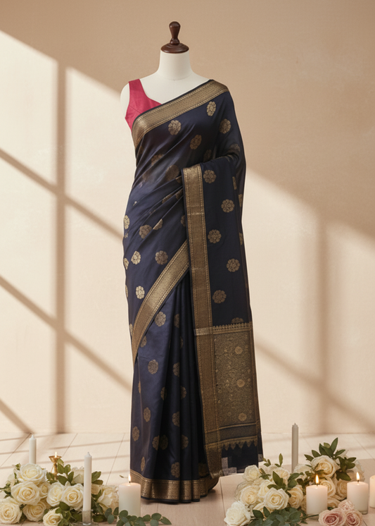 A navy blue silk saree with gold zari motifs and a pink blouse displayed on a mannequin, set against a warm beige background with decorative white roses and candles.