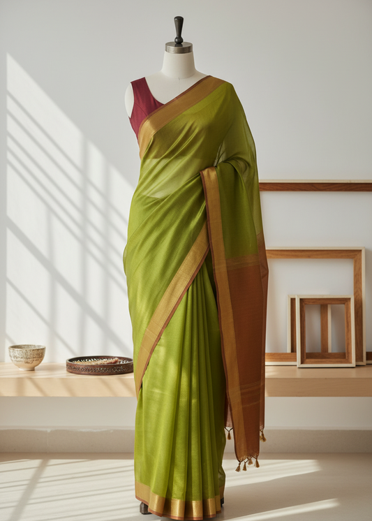 An olive green silk saree with a gold border and a maroon blouse, displayed on a mannequin in a bright, modern room with natural window light casting shadows.