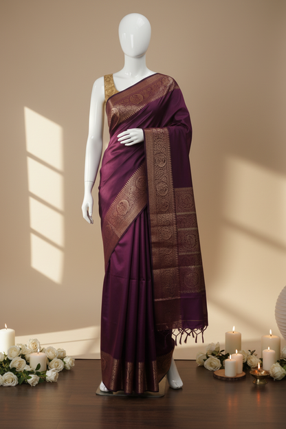 A purple silk saree with a wide metallic gold border and pallu, displayed on a white mannequin in a styled studio setting with candles and white roses.