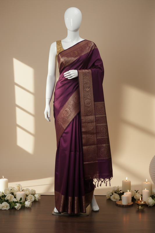 A purple silk saree with a wide metallic gold border and pallu, displayed on a white mannequin in a styled studio setting with candles and white roses.