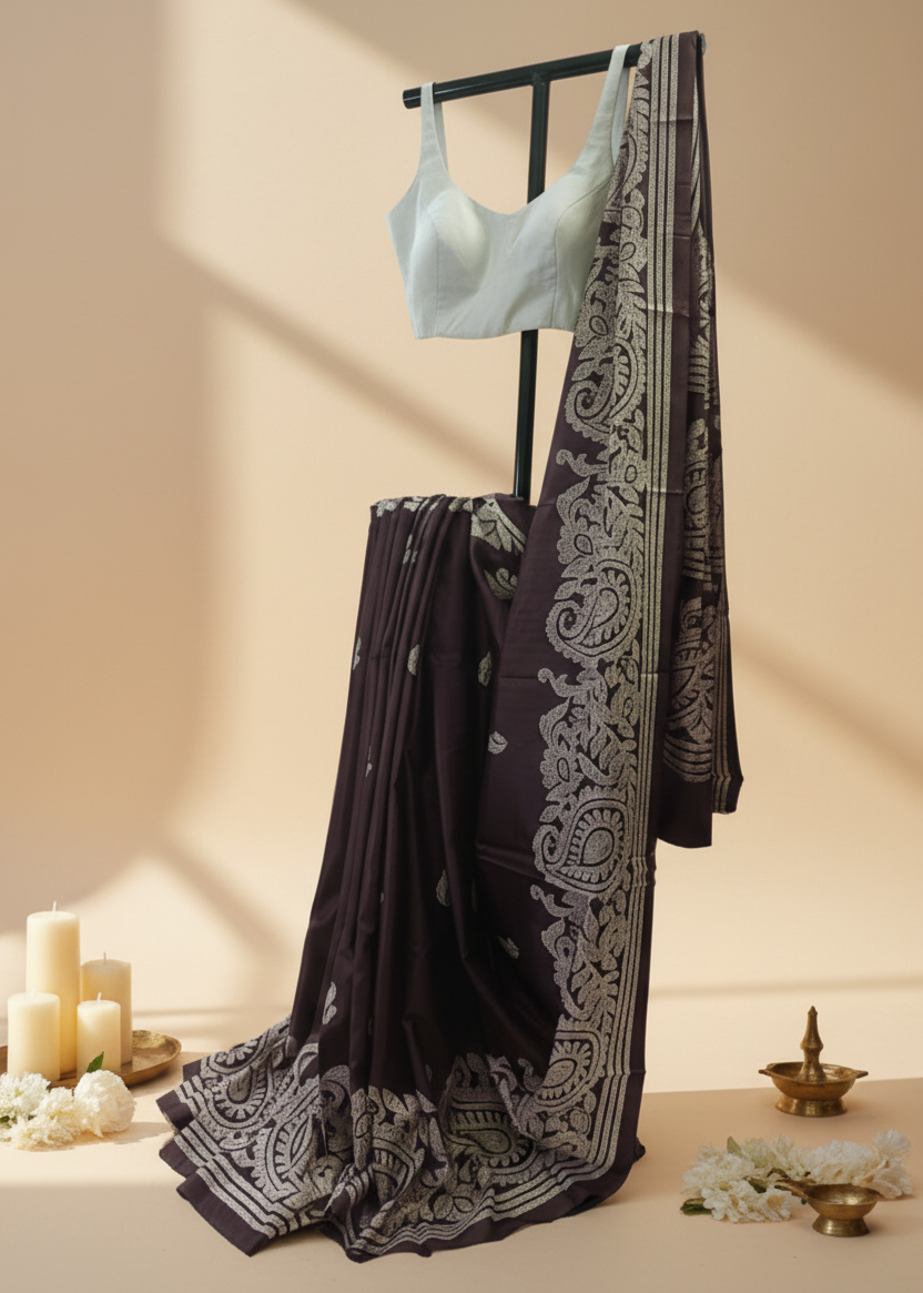 A dark plum purple saree with intricate silver paisley and border prints, draped elegantly on a black clothing stand alongside a light blue sleeveless blouse. The setup is styled with decorative candles, flowers, and a brass oil lamp against a warm beige background with soft window shadow projections.