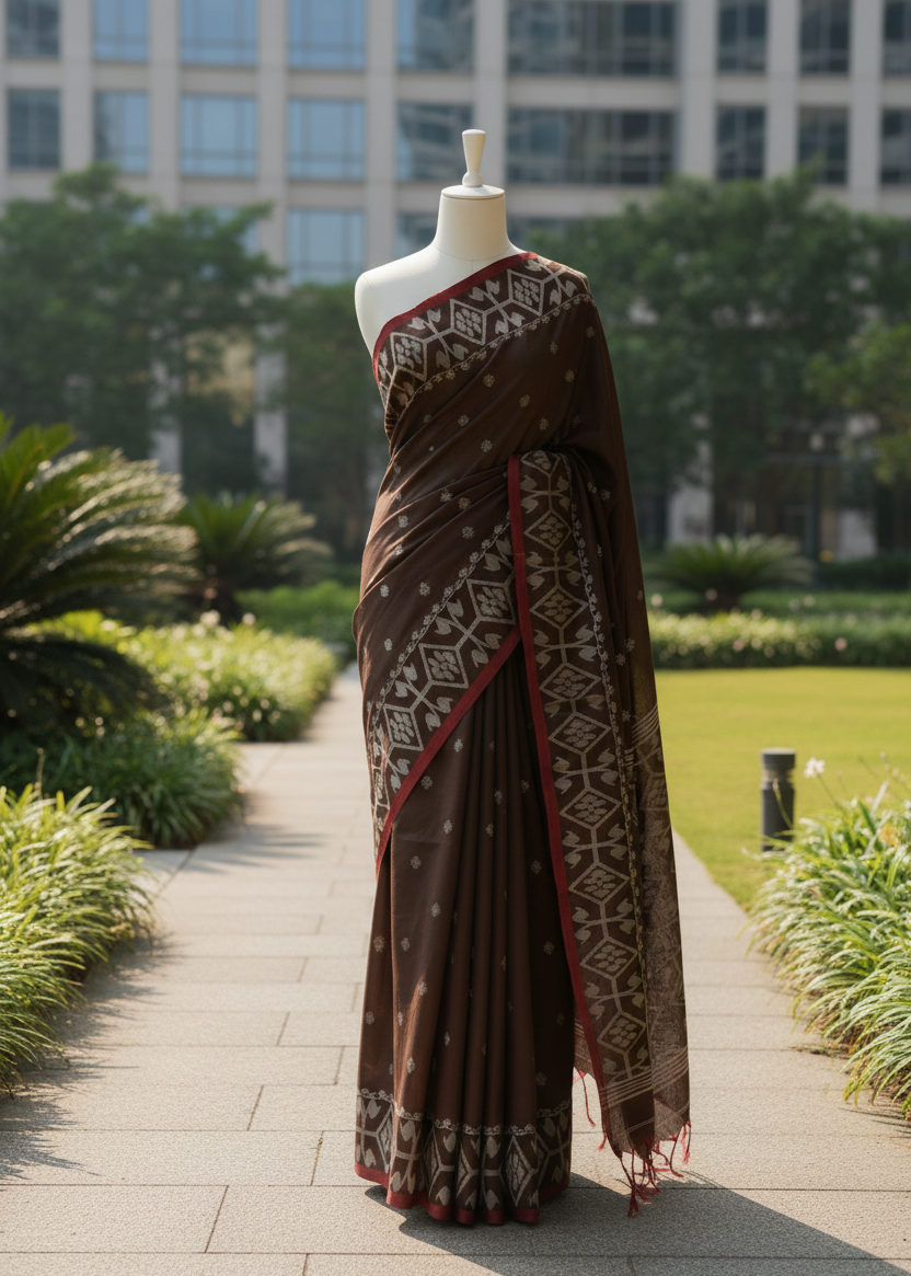 Kukkutsha Brown Jamdani Cotton saree